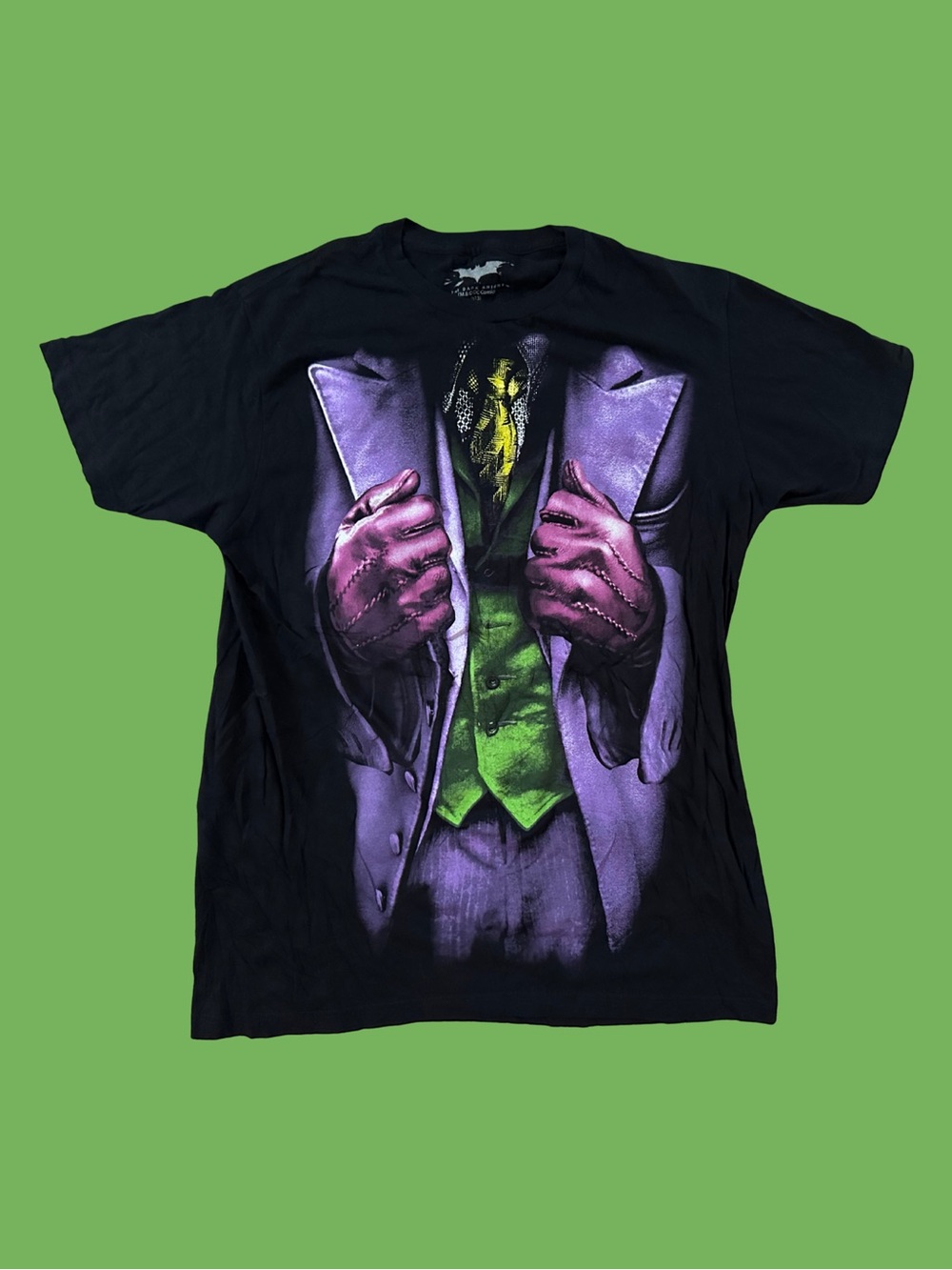 The Dark Knight Black Short-Sleeve Tee with Purple Jacket and Green Vest Graphic